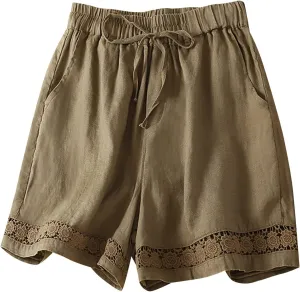 Cotton Linen Shorts for Women Comfy Drawstring High Waist Shorts Loose Wide Leg Casual Summer Short Pants with Pocket
