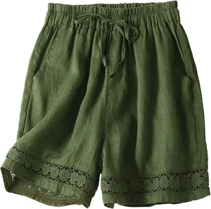 Cotton Linen Shorts for Women Comfy Drawstring High Waist Shorts Loose Wide Leg Casual Summer Short Pants with Pocket