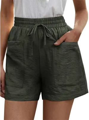 Cotton Linen Shorts for Women Summer Casual High Waisted Drawstring Beach Shorts Lightweight Baggy Trendy Short Pants