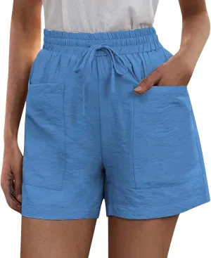 Cotton Linen Shorts for Women Summer Casual High Waisted Drawstring Beach Shorts Lightweight Baggy Trendy Short Pants