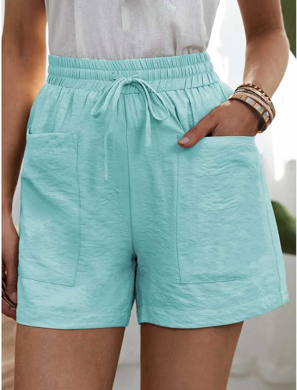 Cotton Linen Shorts for Women Summer Casual High Waisted Drawstring Beach Shorts Lightweight Baggy Trendy Short Pants