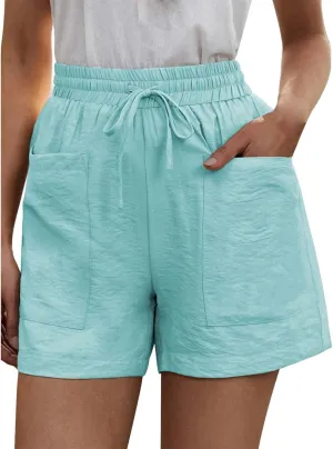 Cotton Linen Shorts for Women Summer Casual High Waisted Drawstring Beach Shorts Lightweight Baggy Trendy Short Pants