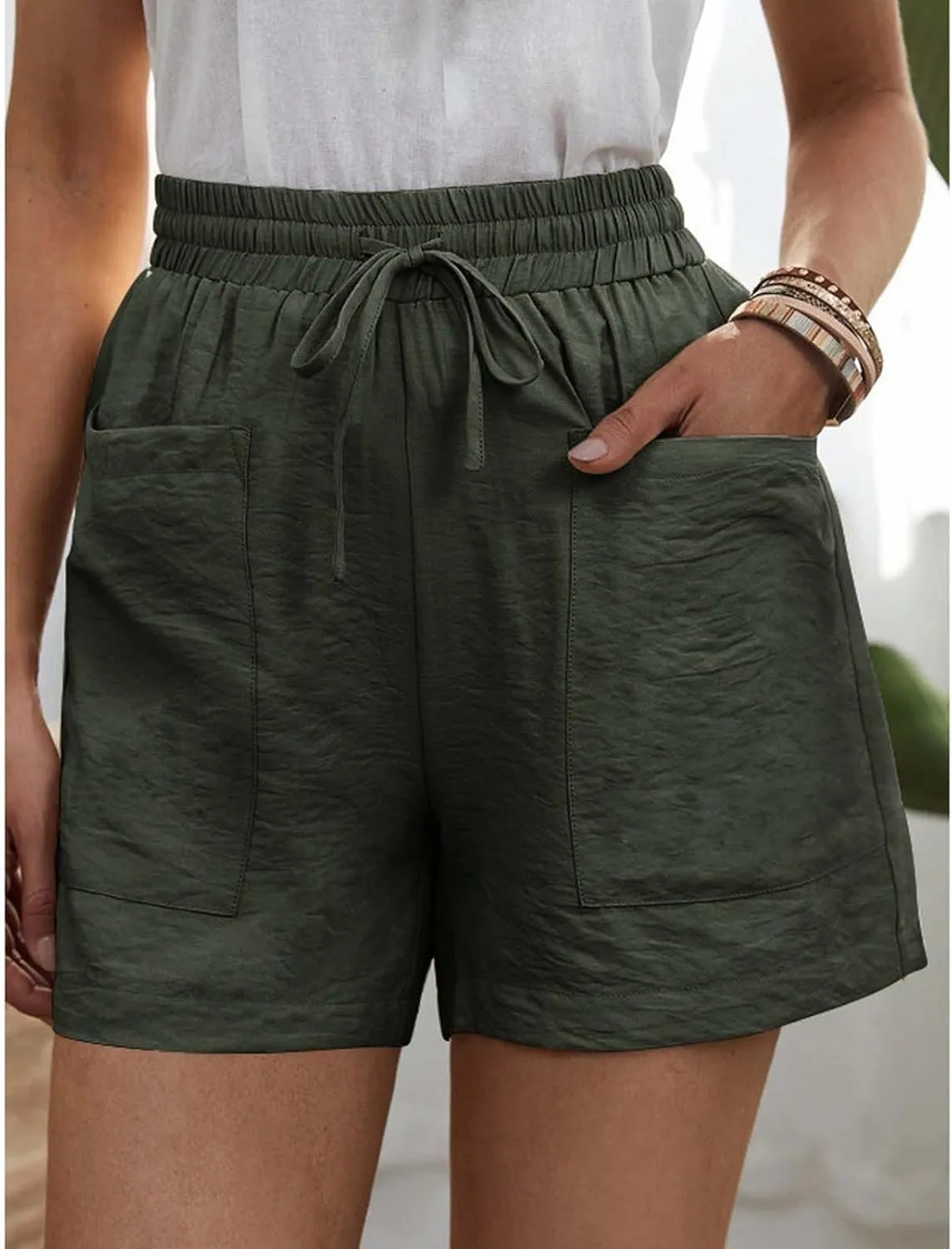 Cotton Linen Shorts for Women Summer Casual High Waisted Drawstring Beach Shorts Lightweight Baggy Trendy Short Pants