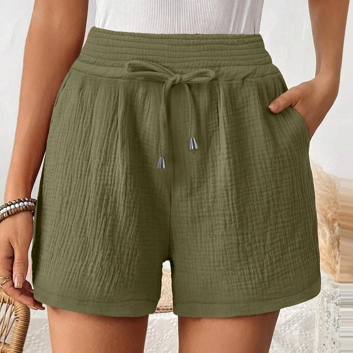Cotton Linen Shorts for Women Summer Casual High Waisted Wide Leg Beach Shorts Drawstring Comfy Pull On Short Pants
