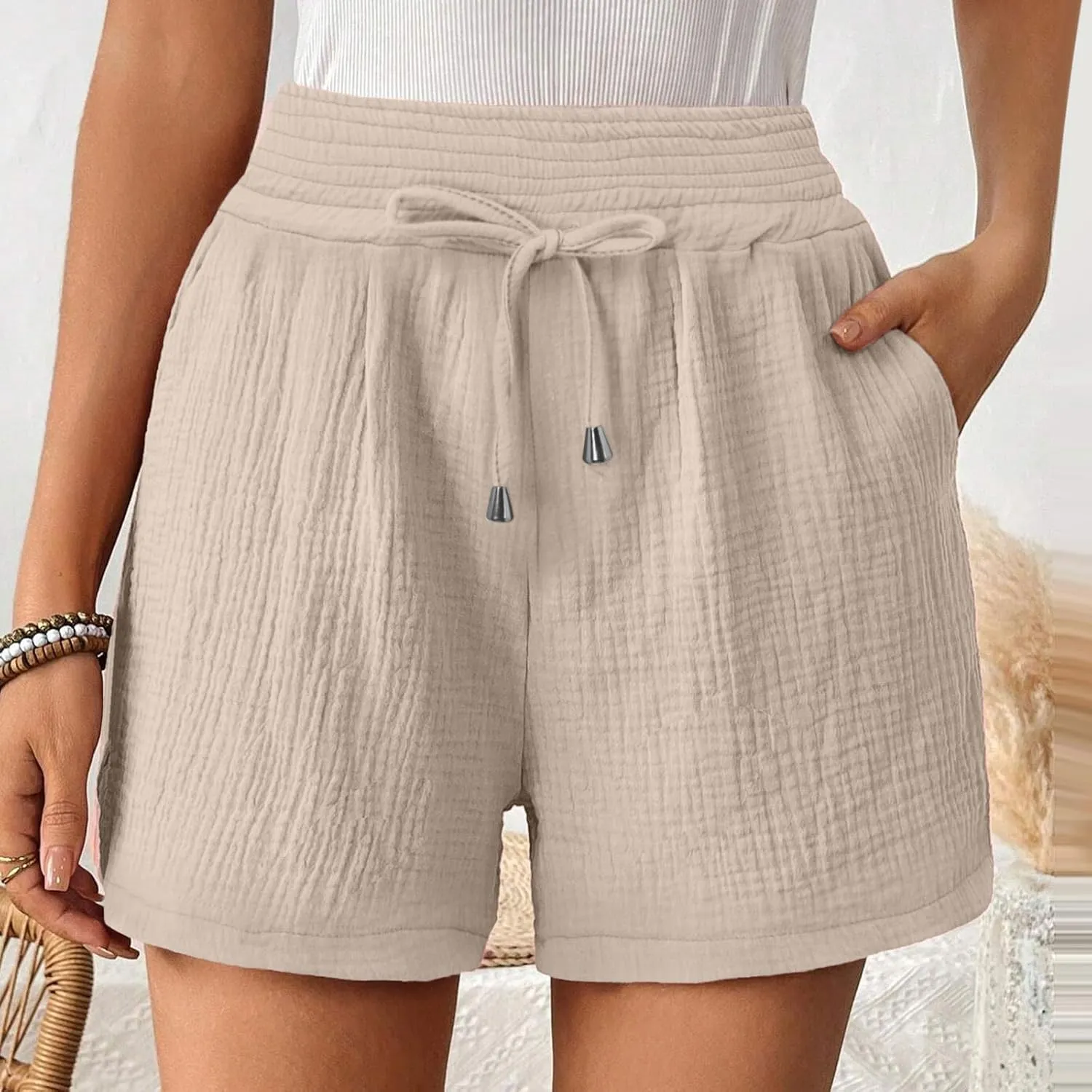 Cotton Linen Shorts for Women Summer Casual High Waisted Wide Leg Beach Shorts Drawstring Comfy Pull On Short Pants