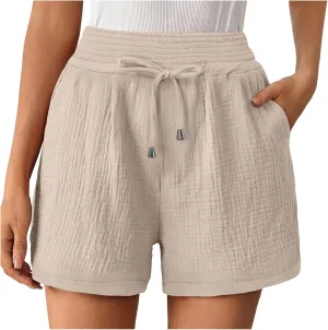 Cotton Linen Shorts for Women Summer Casual High Waisted Wide Leg Beach Shorts Drawstring Comfy Pull On Short Pants