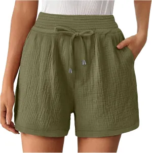 Cotton Linen Shorts for Women Summer Casual High Waisted Wide Leg Beach Shorts Drawstring Comfy Pull On Short Pants