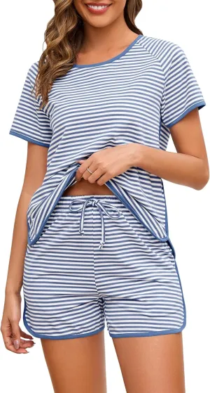 Cotton Pajama Sets for Women 2 Piece Lounge Set Stripe Pj Set Loungewear Short Sleeve Top and Shorts with Pockets