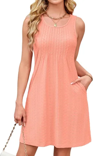 Coverup Sundresses for Women Eyelet Swimsuit Cover Up with Pockets Casual Loose Sleeveless Summer Beach Tank Dress