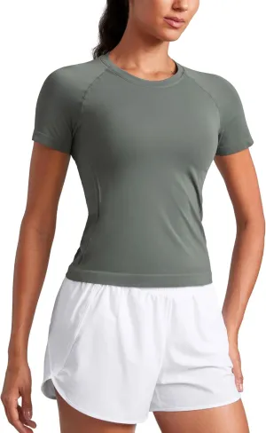 CRZ YOGA Seamless Short Sleeve Shirts for Women Breathable Running Workout Tops Athletic Gym Yoga Basic T-Shirts