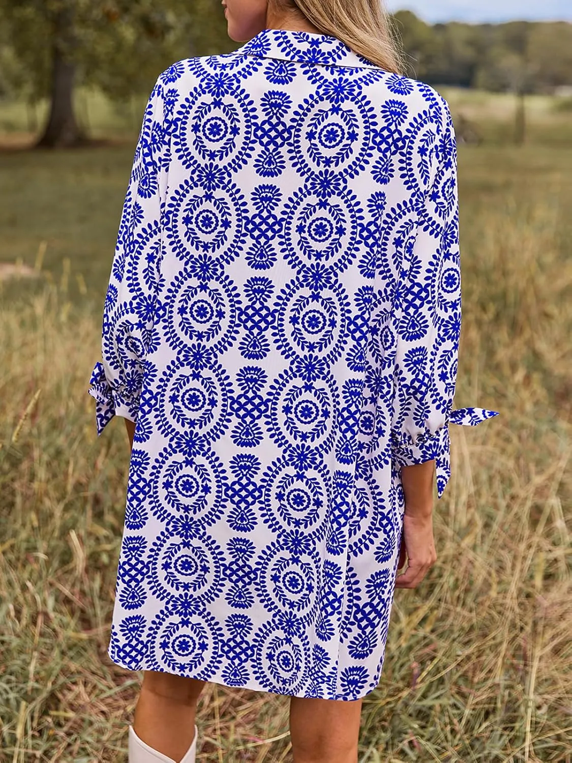 CUPSHE Women Mini Summer Dress Cover Up Oversize Floral Shirt 3/4 Sleeve Cuff Tie Button Down Beach Dresses Cover Up Top