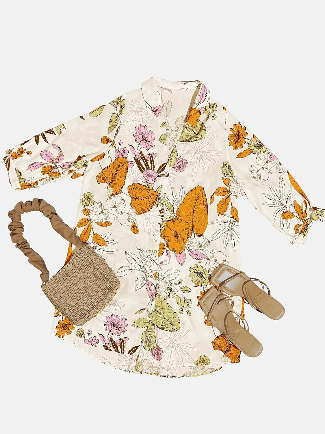 CUPSHE Women Mini Summer Dress Cover Up Oversize Floral Shirt 3/4 Sleeve Cuff Tie Button Down Beach Dresses Cover Up Top