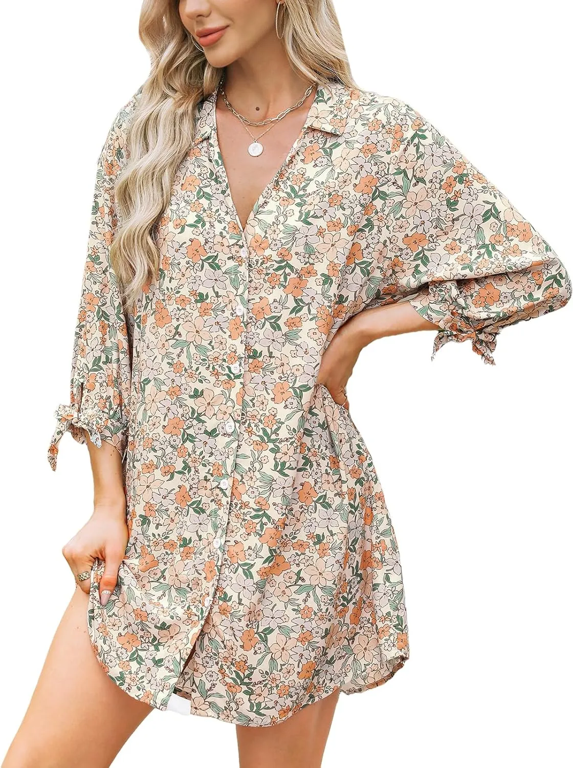 CUPSHE Women Mini Summer Dress Cover Up Oversize Floral Shirt 3/4 Sleeve Cuff Tie Button Down Beach Dresses Cover Up Top