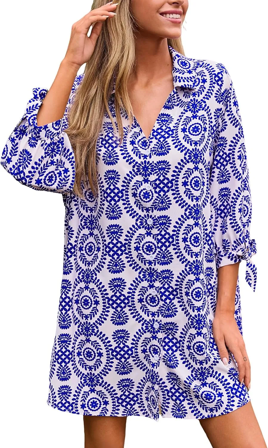 CUPSHE Women Mini Summer Dress Cover Up Oversize Floral Shirt 3/4 Sleeve Cuff Tie Button Down Beach Dresses Cover Up Top