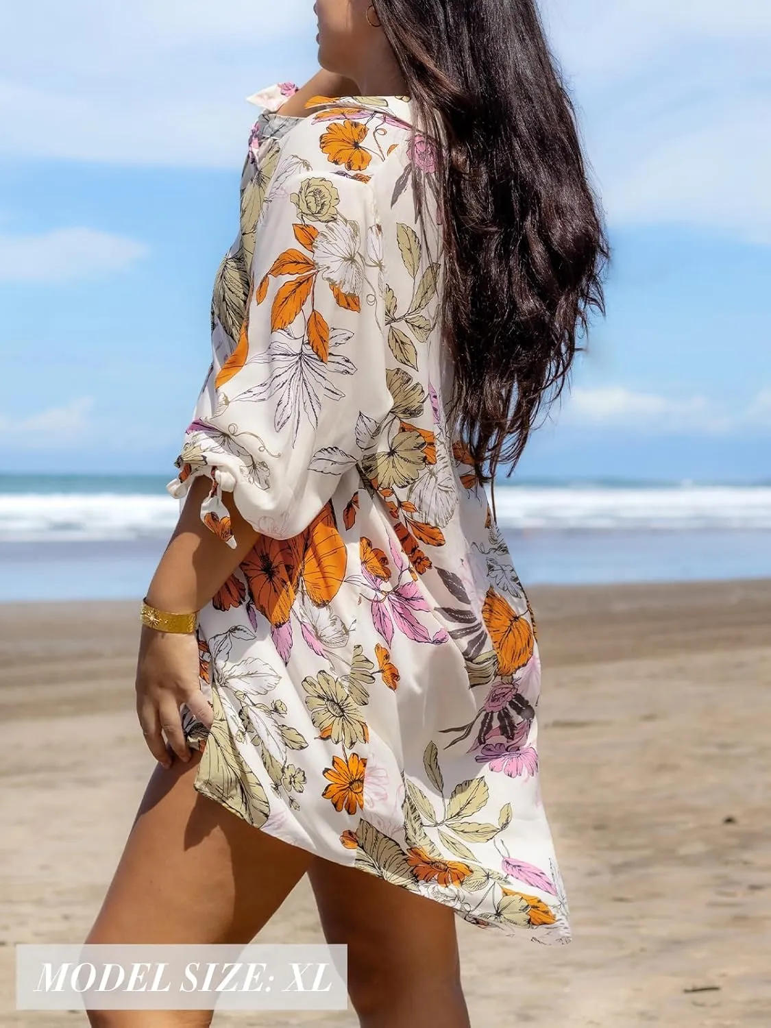 CUPSHE Women Mini Summer Dress Cover Up Oversize Floral Shirt 3/4 Sleeve Cuff Tie Button Down Beach Dresses Cover Up Top