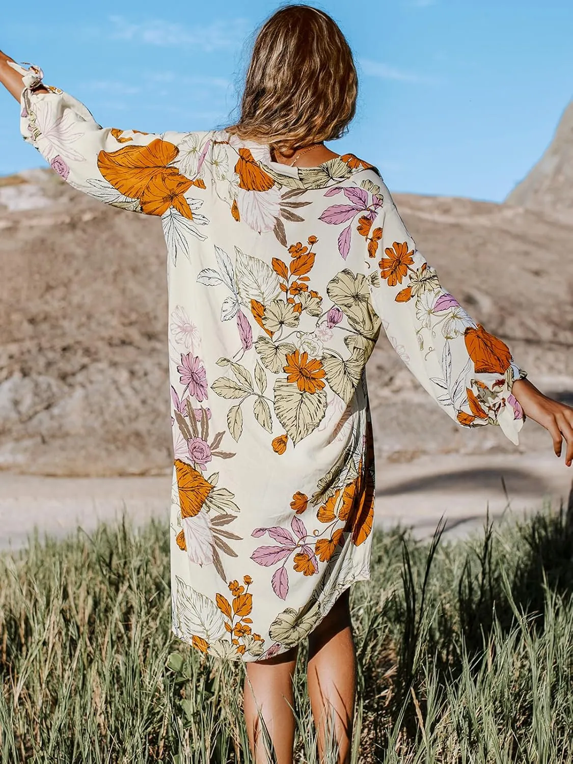 CUPSHE Women Mini Summer Dress Cover Up Oversize Floral Shirt 3/4 Sleeve Cuff Tie Button Down Beach Dresses Cover Up Top