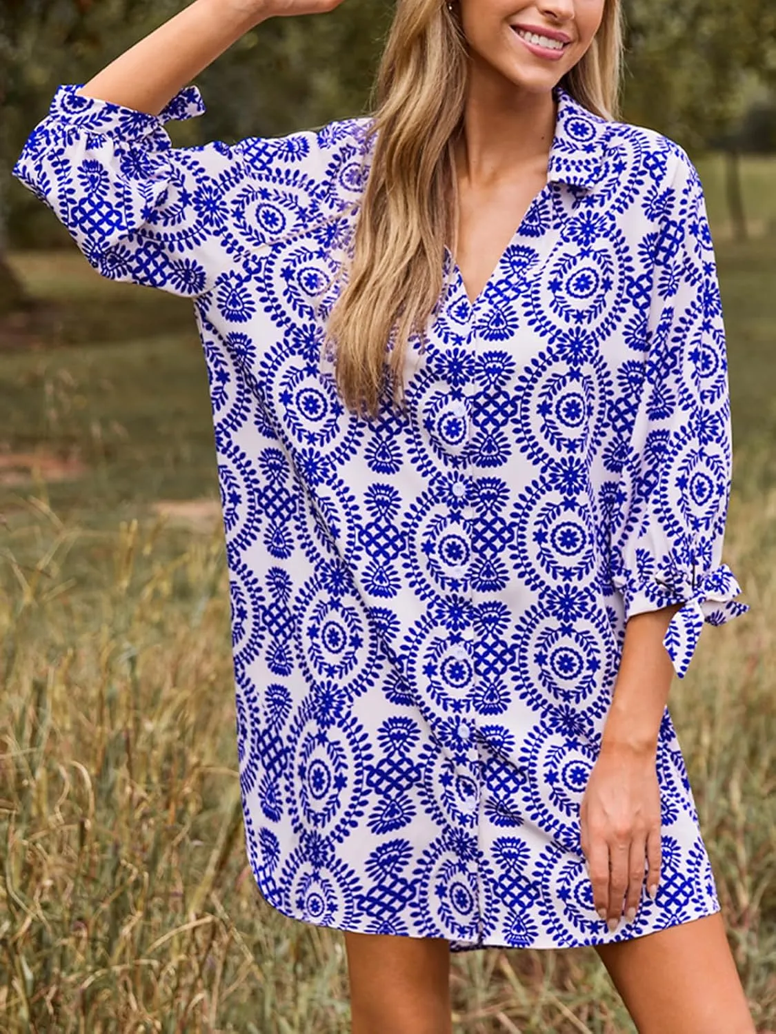 CUPSHE Women Mini Summer Dress Cover Up Oversize Floral Shirt 3/4 Sleeve Cuff Tie Button Down Beach Dresses Cover Up Top