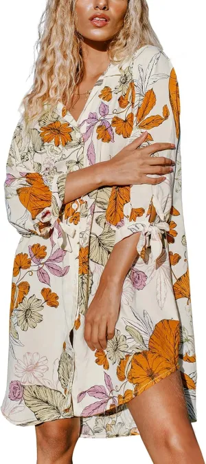 CUPSHE Women Mini Summer Dress Cover Up Oversize Floral Shirt 3/4 Sleeve Cuff Tie Button Down Beach Dresses Cover Up Top