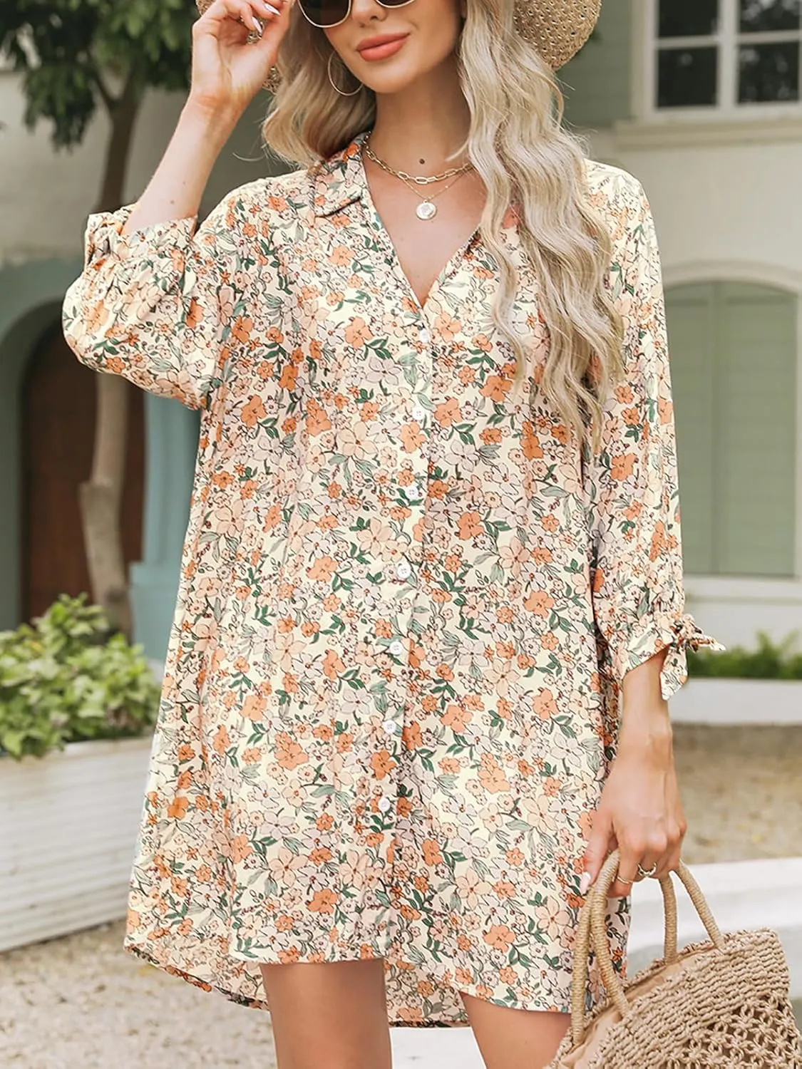 CUPSHE Women Mini Summer Dress Cover Up Oversize Floral Shirt 3/4 Sleeve Cuff Tie Button Down Beach Dresses Cover Up Top