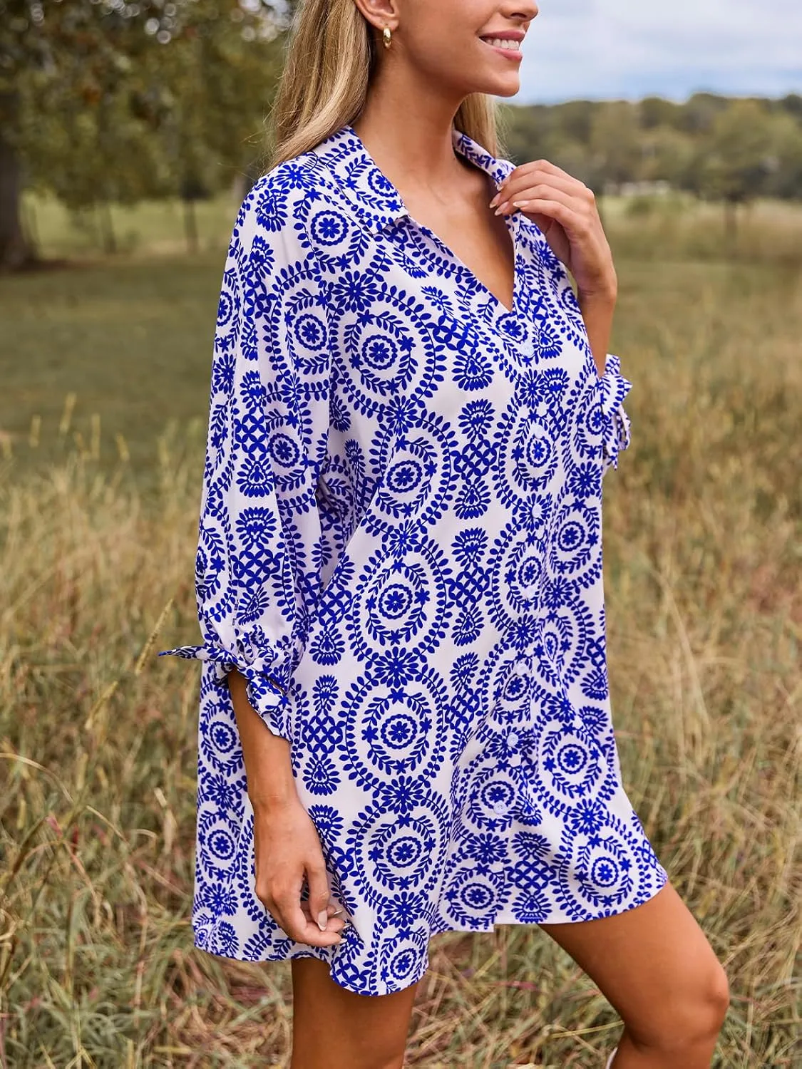 CUPSHE Women Mini Summer Dress Cover Up Oversize Floral Shirt 3/4 Sleeve Cuff Tie Button Down Beach Dresses Cover Up Top