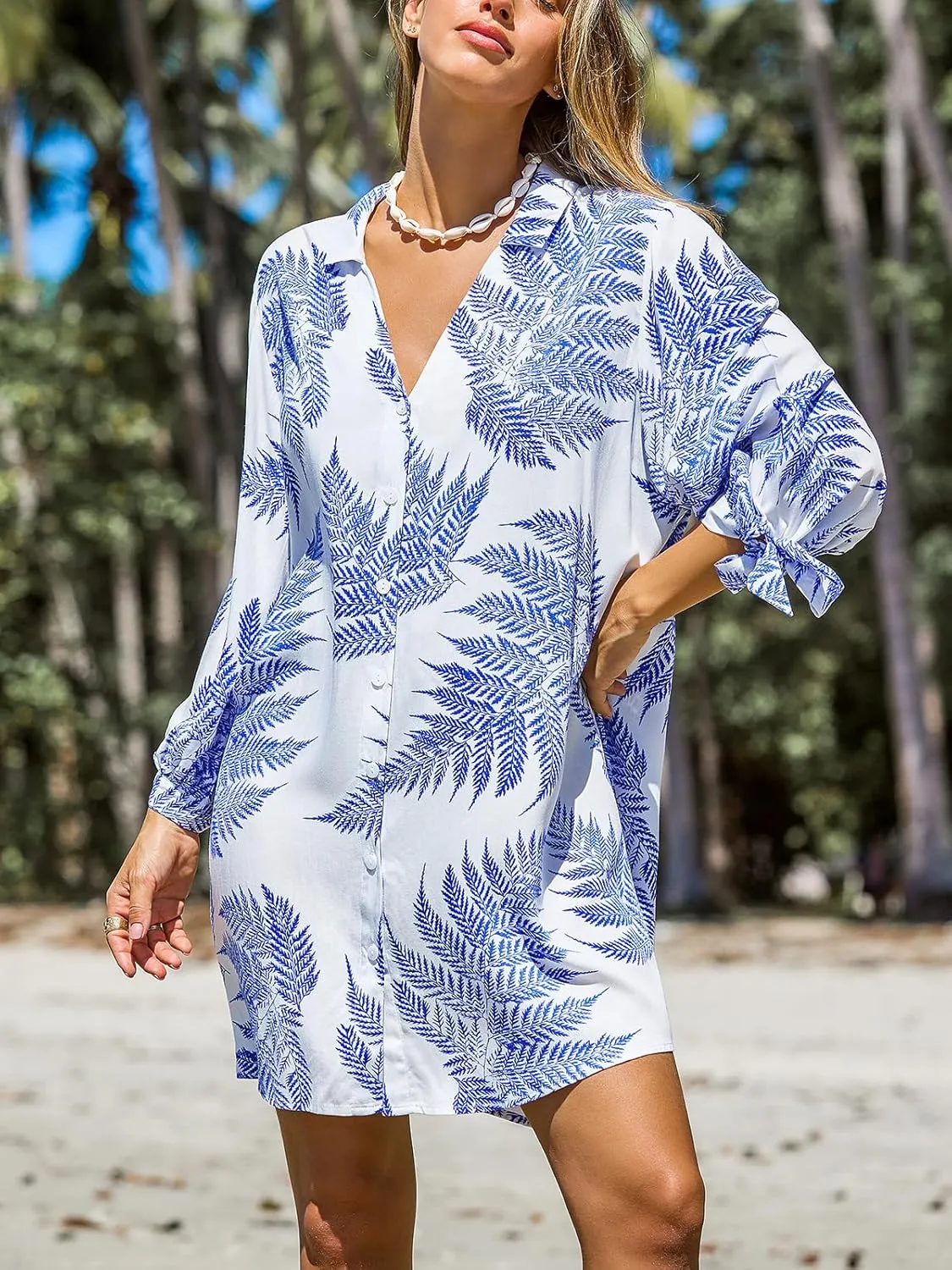 CUPSHE Women Mini Summer Dress Cover Up Oversize Floral Shirt 3/4 Sleeve Cuff Tie Button Down Beach Dresses Cover Up Top