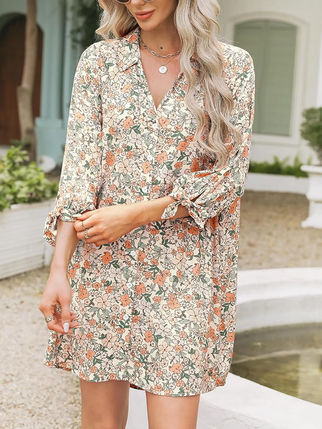 CUPSHE Women Mini Summer Dress Cover Up Oversize Floral Shirt 3/4 Sleeve Cuff Tie Button Down Beach Dresses Cover Up Top
