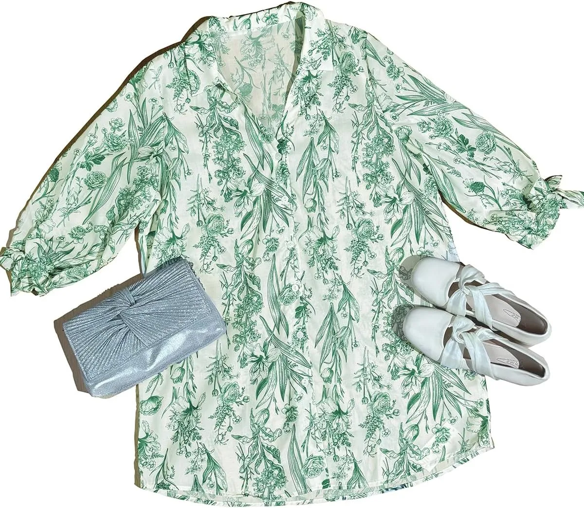 CUPSHE Women Mini Summer Dress Cover Up Oversize Floral Shirt 3/4 Sleeve Cuff Tie Button Down Beach Dresses Cover Up Top