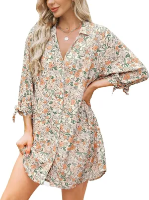 CUPSHE Women Mini Summer Dress Cover Up Oversize Floral Shirt 3/4 Sleeve Cuff Tie Button Down Beach Dresses Cover Up Top
