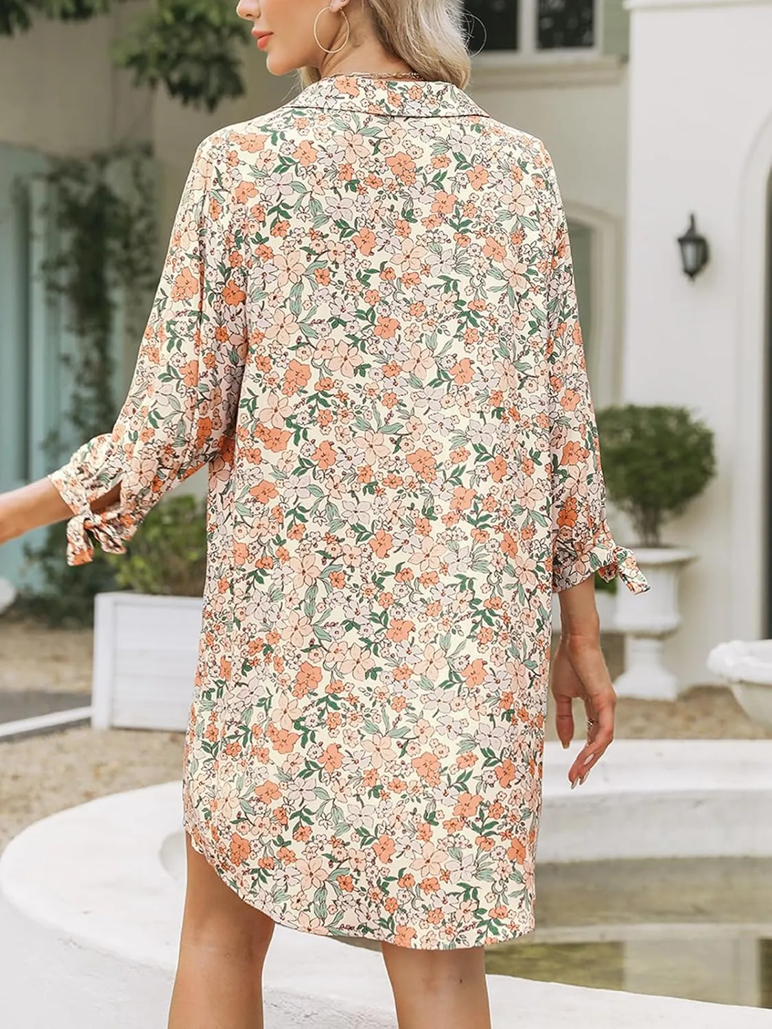 CUPSHE Women Mini Summer Dress Cover Up Oversize Floral Shirt 3/4 Sleeve Cuff Tie Button Down Beach Dresses Cover Up Top