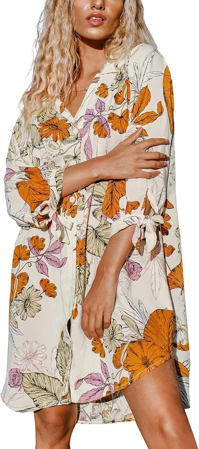 CUPSHE Women Mini Summer Dress Cover Up Oversize Floral Shirt 3/4 Sleeve Cuff Tie Button Down Beach Dresses Cover Up Top