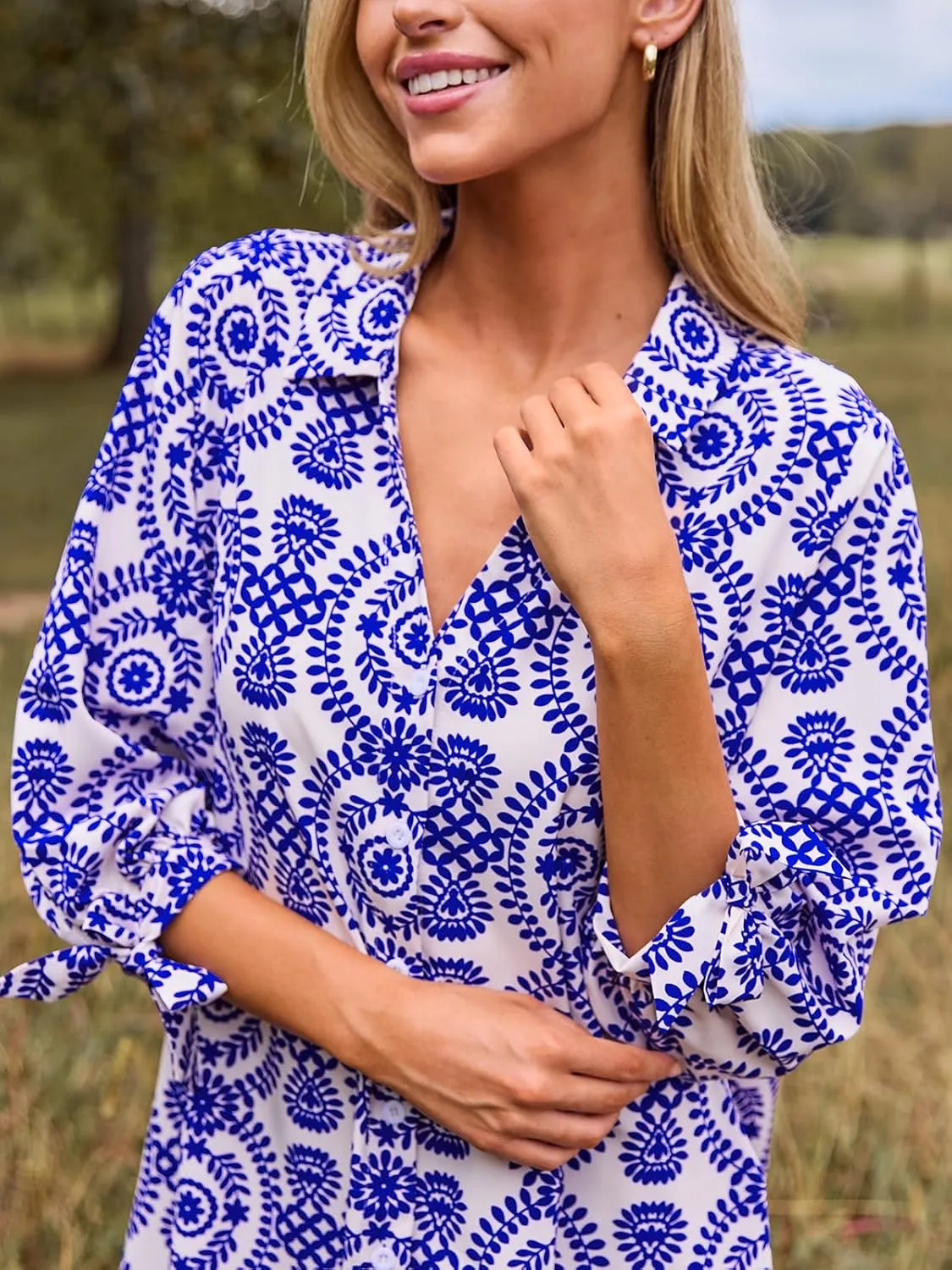 CUPSHE Women Mini Summer Dress Cover Up Oversize Floral Shirt 3/4 Sleeve Cuff Tie Button Down Beach Dresses Cover Up Top