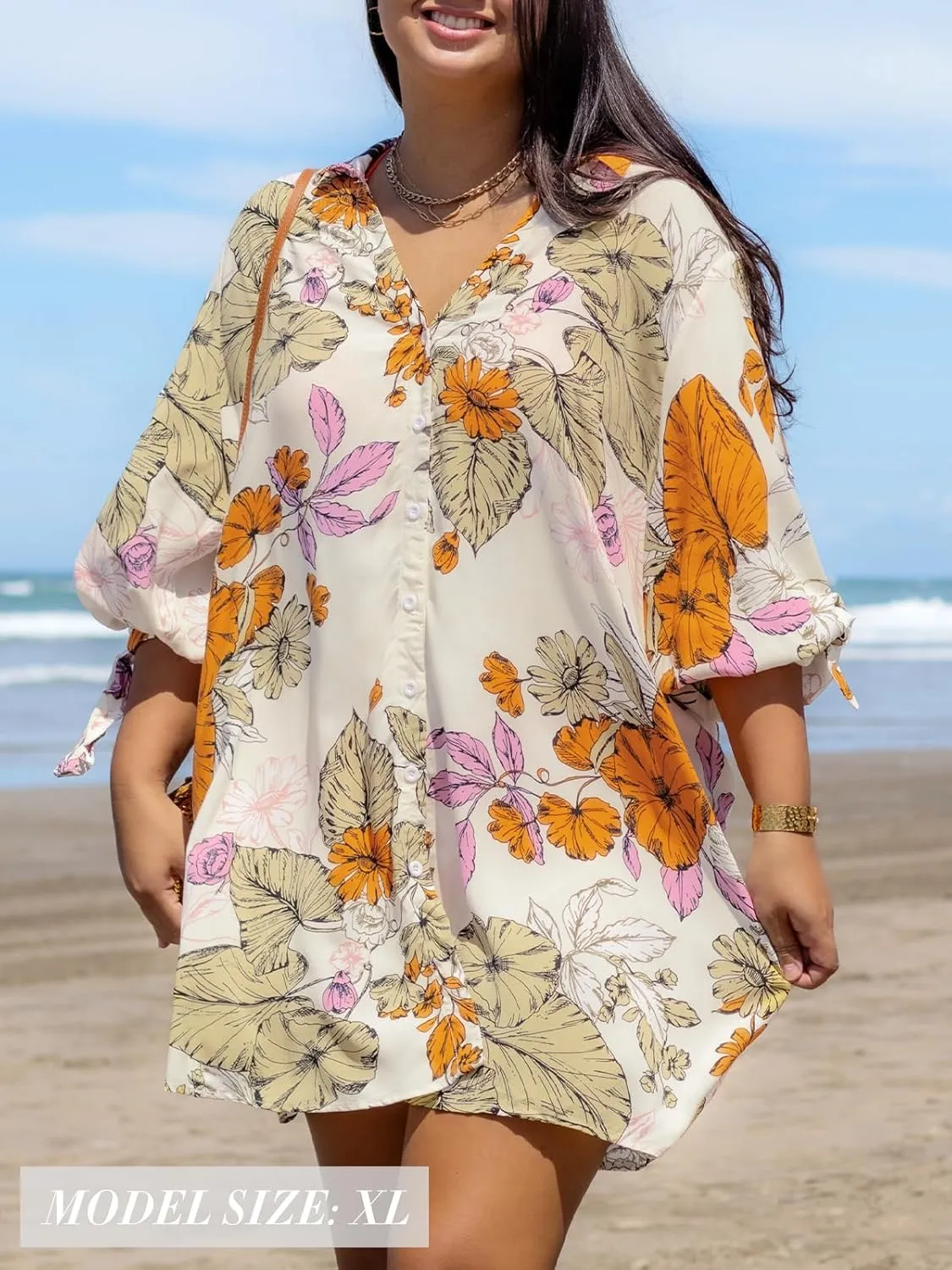 CUPSHE Women Mini Summer Dress Cover Up Oversize Floral Shirt 3/4 Sleeve Cuff Tie Button Down Beach Dresses Cover Up Top