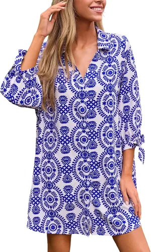CUPSHE Women Mini Summer Dress Cover Up Oversize Floral Shirt 3/4 Sleeve Cuff Tie Button Down Beach Dresses Cover Up Top