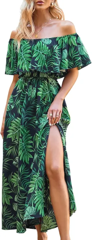 CUPSHE Women Ruffle Floral Maxi Summer Dress Off Shoulder Short Sleeve Backless Flounce Bodice Slit Hem Beach Dresses