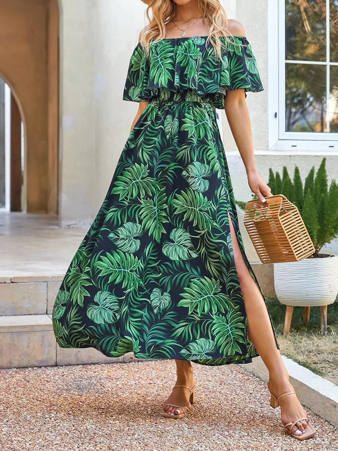 CUPSHE Women Ruffle Floral Maxi Summer Dress Off Shoulder Short Sleeve Backless Flounce Bodice Slit Hem Beach Dresses