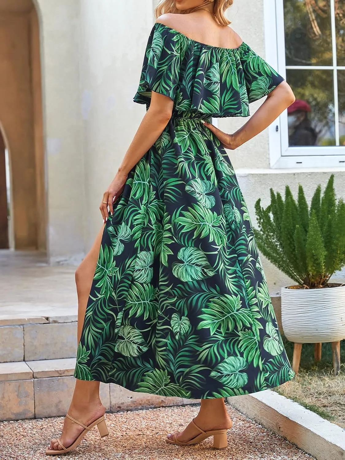 CUPSHE Women Ruffle Floral Maxi Summer Dress Off Shoulder Short Sleeve Backless Flounce Bodice Slit Hem Beach Dresses