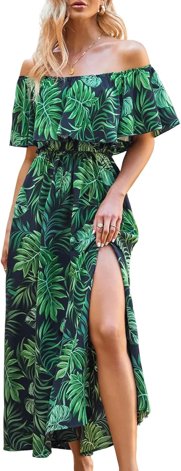 CUPSHE Women Ruffle Floral Maxi Summer Dress Off Shoulder Short Sleeve Backless Flounce Bodice Slit Hem Beach Dresses