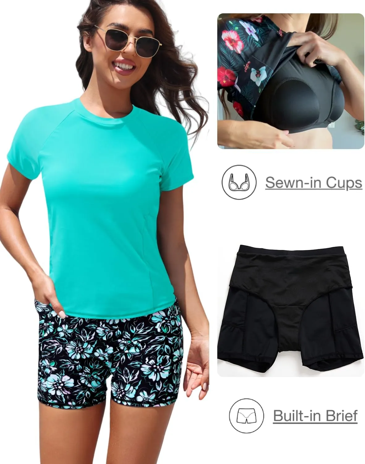 Daci Women's Two Piece Rash Guard - Short Sleeve Swim Shirt with Built-in Bra and Shorts with Pockets