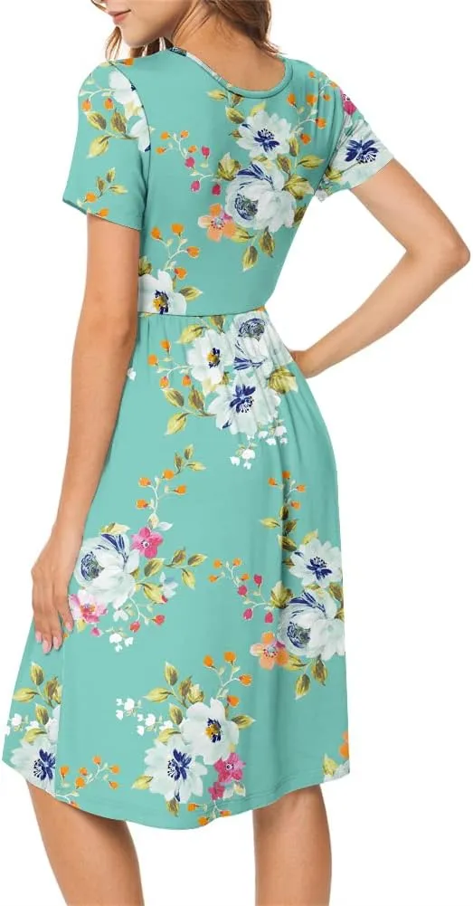 DB MOON Women Summer Casual Short Sleeve Dresses Empire Waist Dress with Pockets