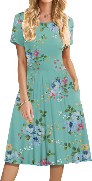 DB MOON Women Summer Casual Short Sleeve Dresses Empire Waist Dress with Pockets
