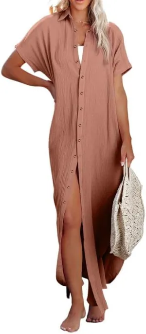 Dokotoo Womens Casual Short Sleeve Side Split Button Down Long Kimonos Cardigans Swimsuit Cover Ups Summer Beach Dress