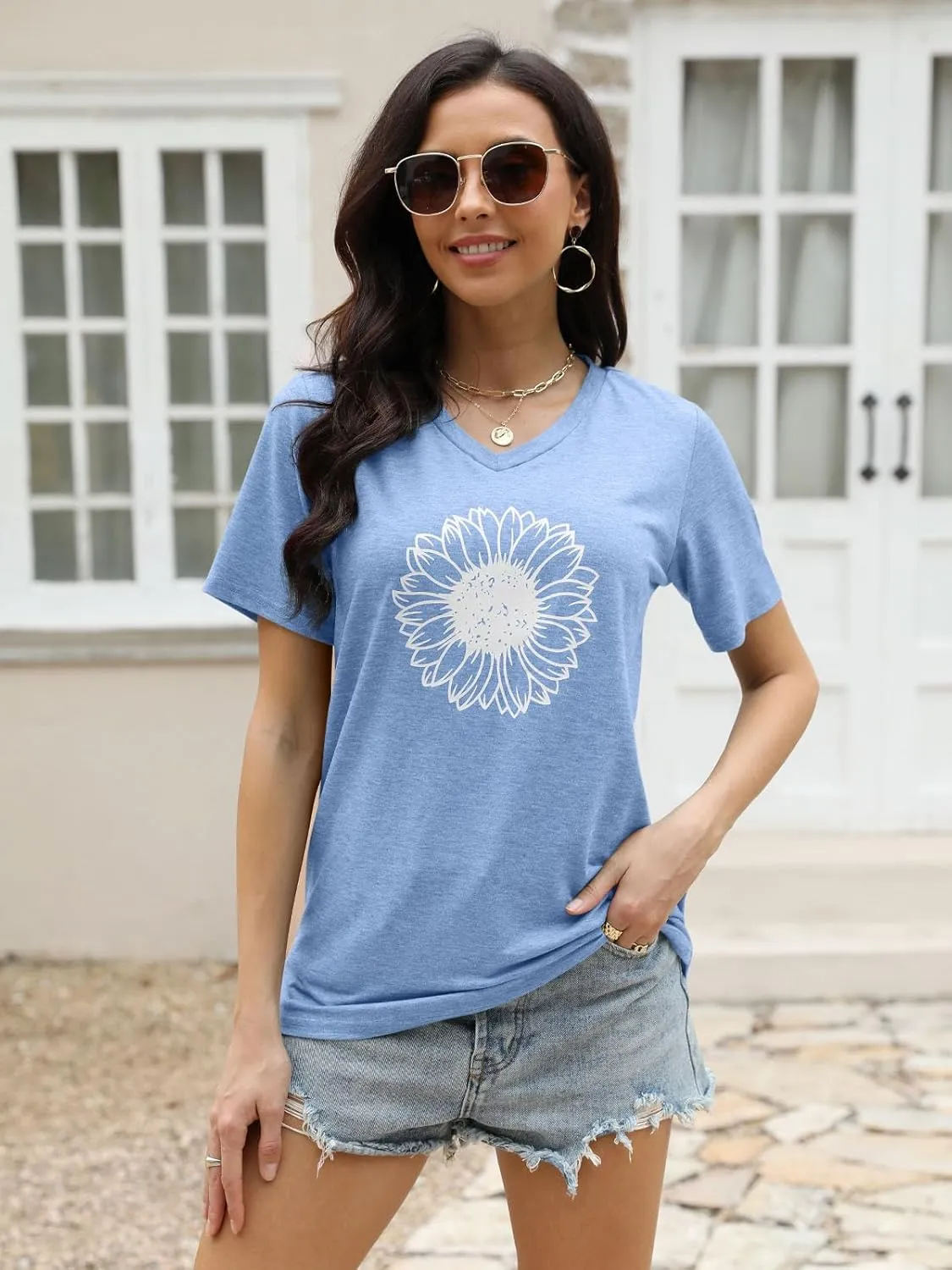 EADINVE Women's Short Sleeve V Neck Sunflower Graphic Printed Summer Tee Vintage T Shirt Cotton Tops Novelty Cool Shirt