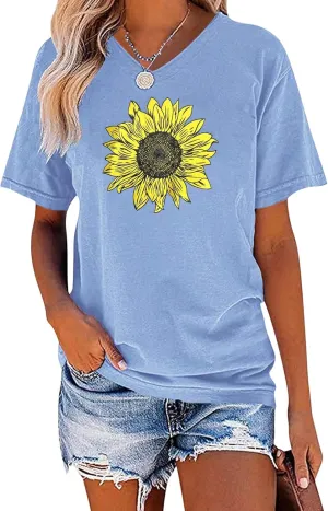 EADINVE Women's Short Sleeve V Neck Sunflower Graphic Printed Summer Tee Vintage T Shirt Cotton Tops Novelty Cool Shirt