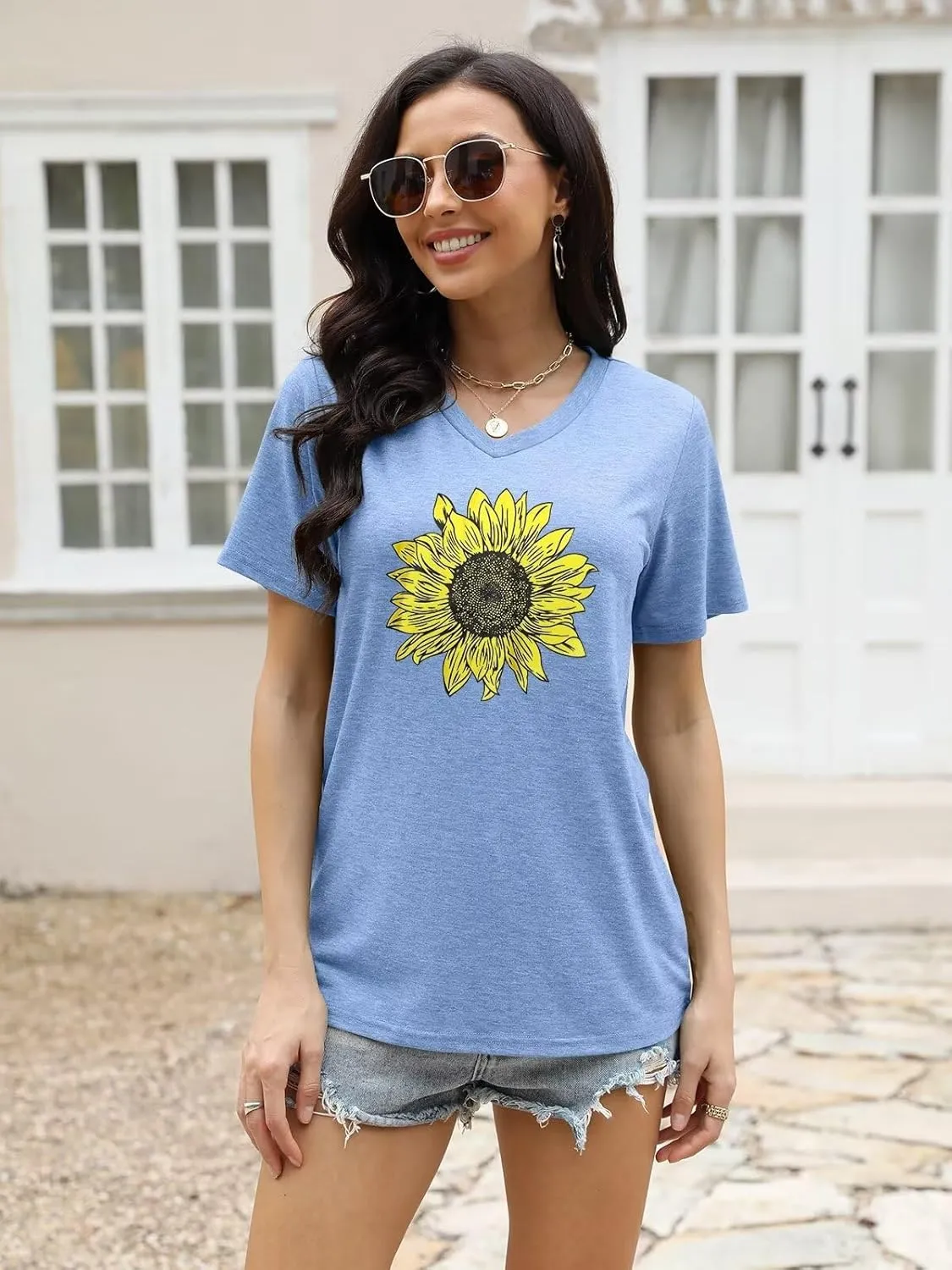 EADINVE Women's Short Sleeve V Neck Sunflower Graphic Printed Summer Tee Vintage T Shirt Cotton Tops Novelty Cool Shirt