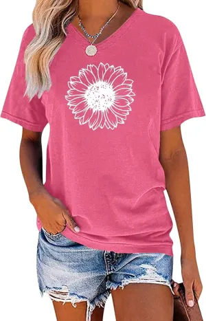 EADINVE Women's Short Sleeve V Neck Sunflower Graphic Printed Summer Tee Vintage T Shirt Cotton Tops Novelty Cool Shirt