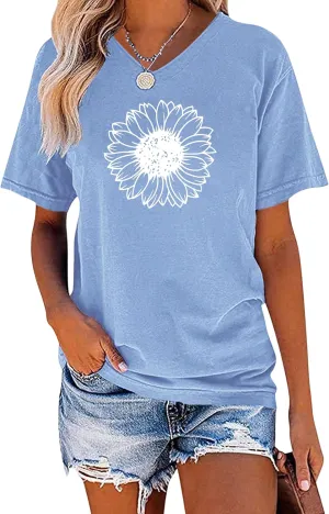 EADINVE Women's Short Sleeve V Neck Sunflower Graphic Printed Summer Tee Vintage T Shirt Cotton Tops Novelty Cool Shirt