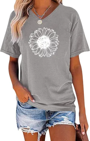 EADINVE Women's Short Sleeve V Neck Sunflower Graphic Printed Summer Tee Vintage T Shirt Cotton Tops Novelty Cool Shirt