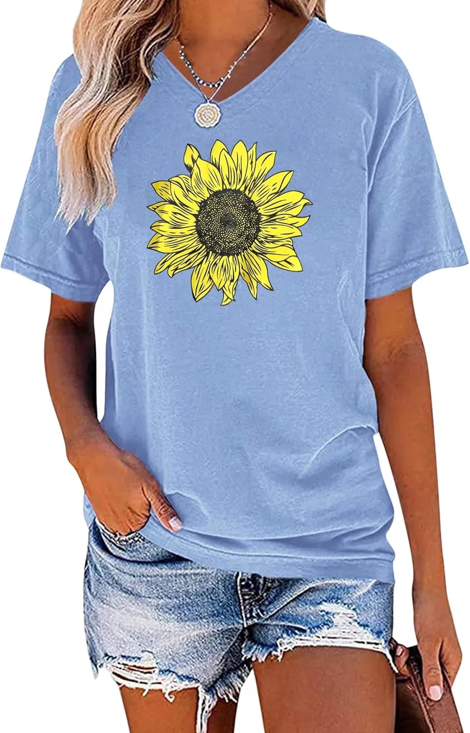 EADINVE Women's Short Sleeve V Neck Sunflower Graphic Printed Summer Tee Vintage T Shirt Cotton Tops Novelty Cool Shirt