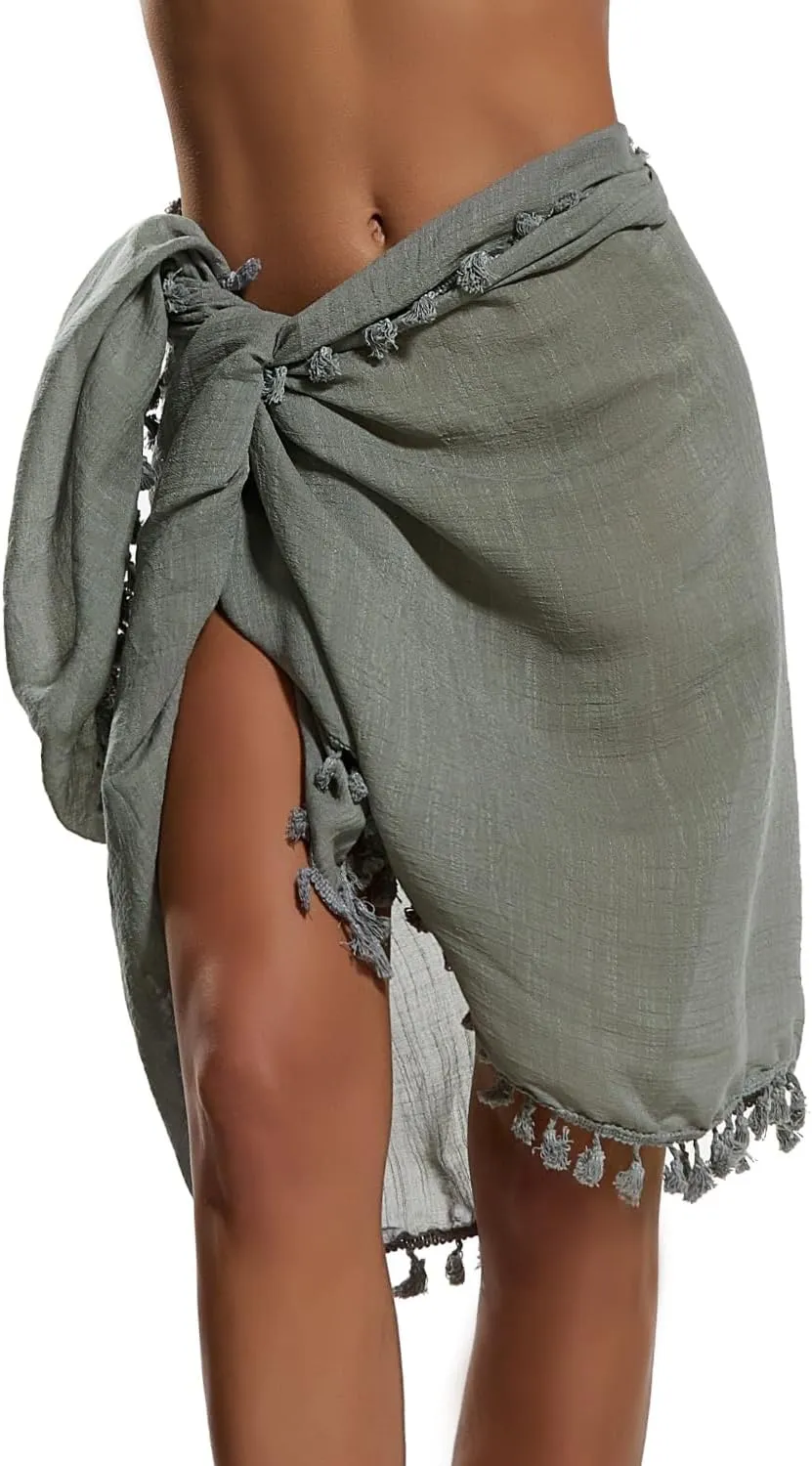 Eicolorte Beach Sarong Pareo Womens Semi-Sheer Swimwear Cover Ups Short Skirt with Tassels