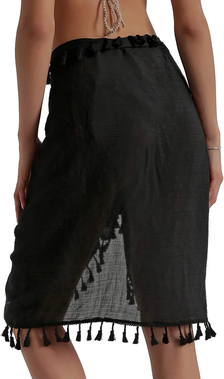 Eicolorte Beach Sarong Pareo Womens Semi-Sheer Swimwear Cover Ups Short Skirt with Tassels